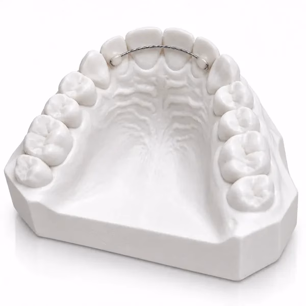 Bonded (fixed) lingual retainer wire on an upper anterior model, lab-made for orthodontists by Wimbledon Orthodontic Laboratory