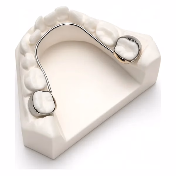 Lower lingual holding arch with molar bands on a lower model, made to prescription for orthodontists