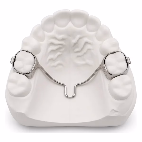 Transpalatal arch (TPA) with molar bands and palatal loop on an upper model, made to prescription for orthodontists